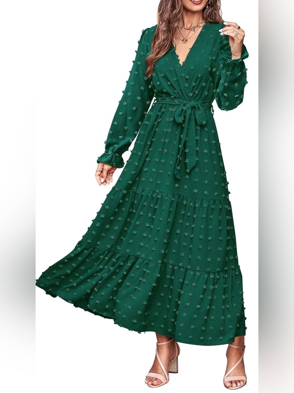Emerald Green Textured Long Sleeve Wrap Maxi Dress